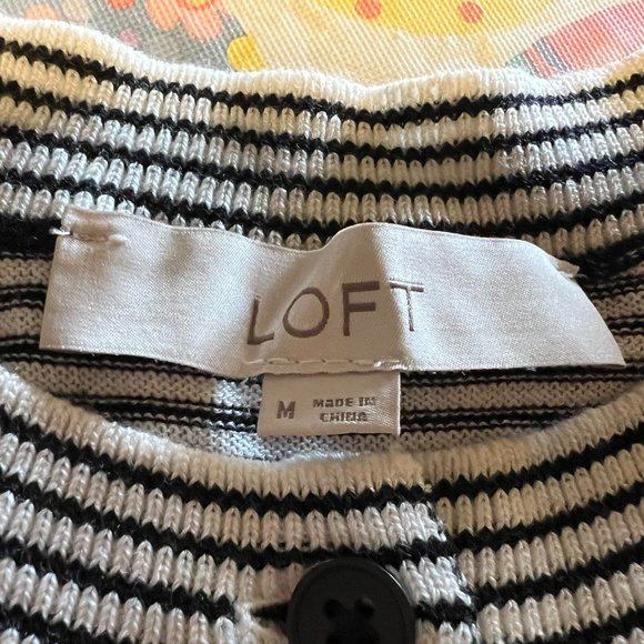 LOFT Black and White Striped Cardigan with Flower, 25% Wool  - Medium - Picture 4 of 5